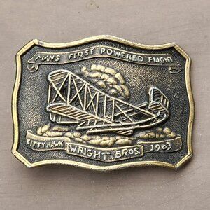 Vintage Brass Belt Buckle Wright Brothers 1903 Kitty Hawk First Flight